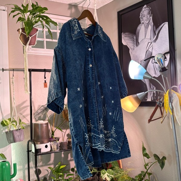 Vintage Club Z Embroidered Denim Shirt Dress Button Front Medium Wash - Picture 10 of 10